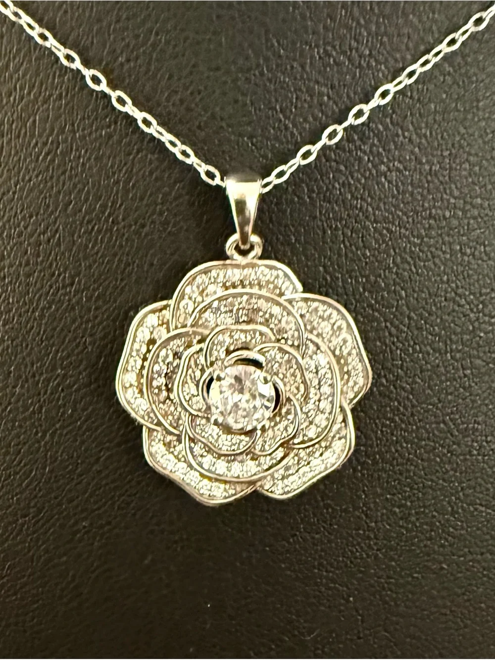 Cote d’Argent 925 Sterling Silver CZ Crystal Rose Flower Pendant Necklace